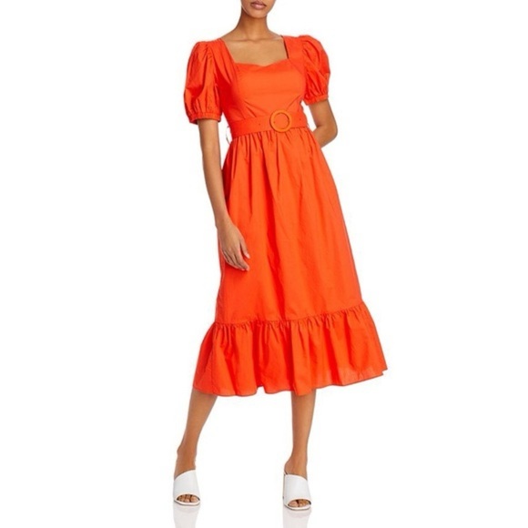 Endless Rose Orange Puff Sleeve Belted Tiered Midi Dress‎ Size S - Picture 11 of 11